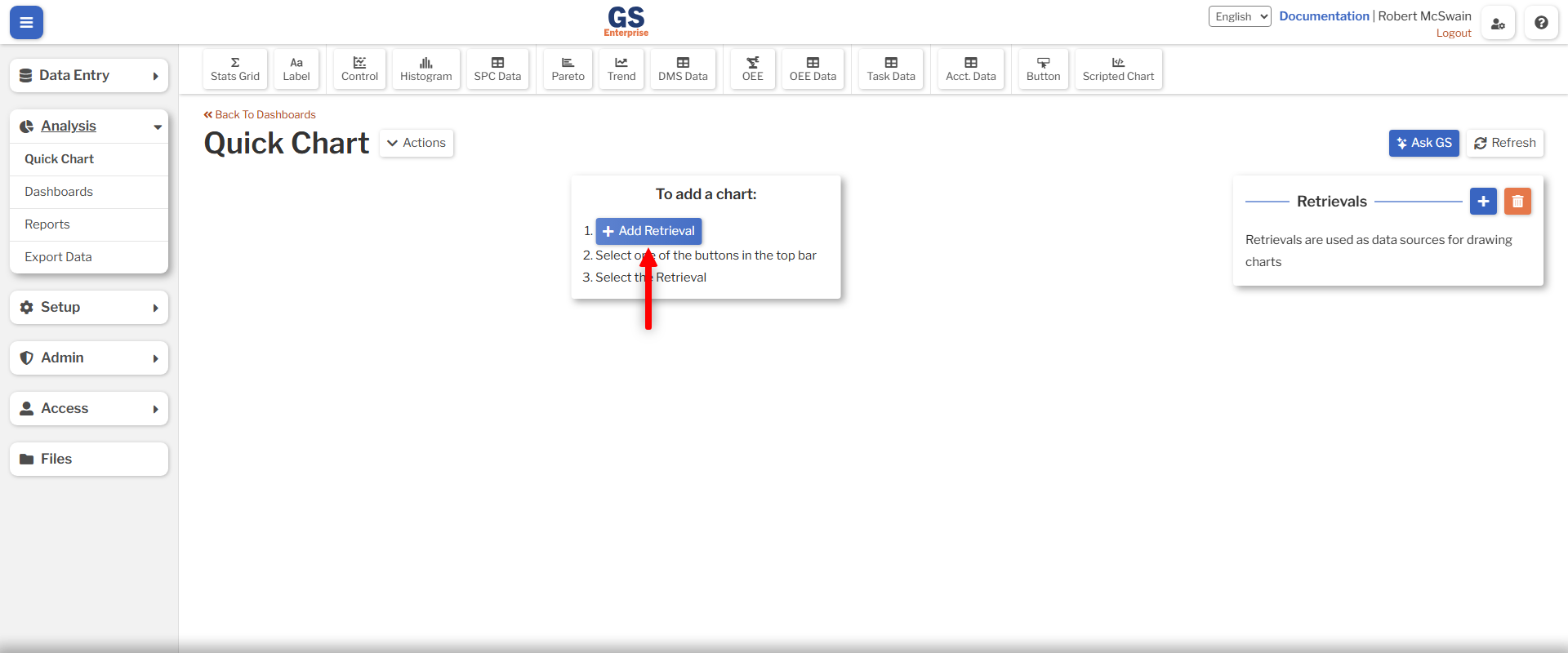Add Retrieval An image showing the location of the Add Retrieval button on the Dashboard