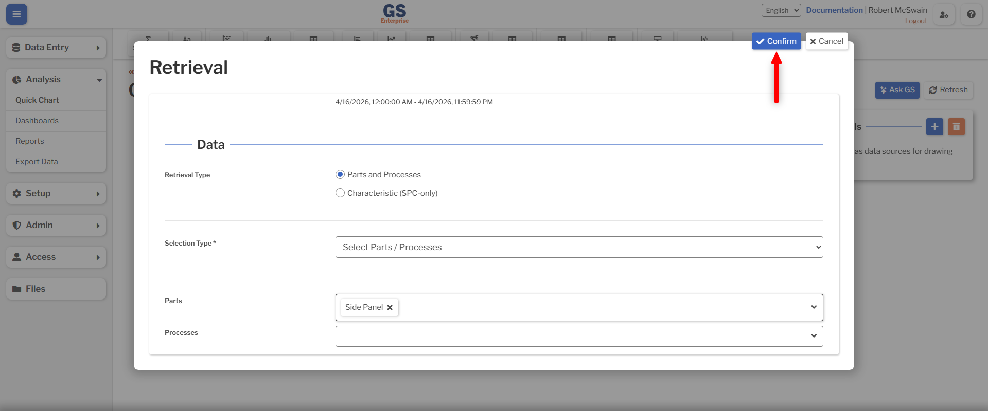Retrieval Confirm An image showing the confirm button