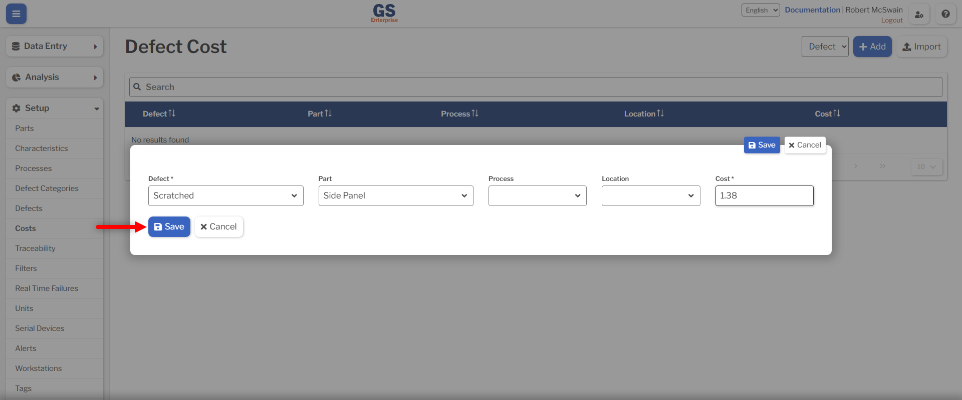 Defect Cost Save Button An image showing a filled out defect cost row and the save button