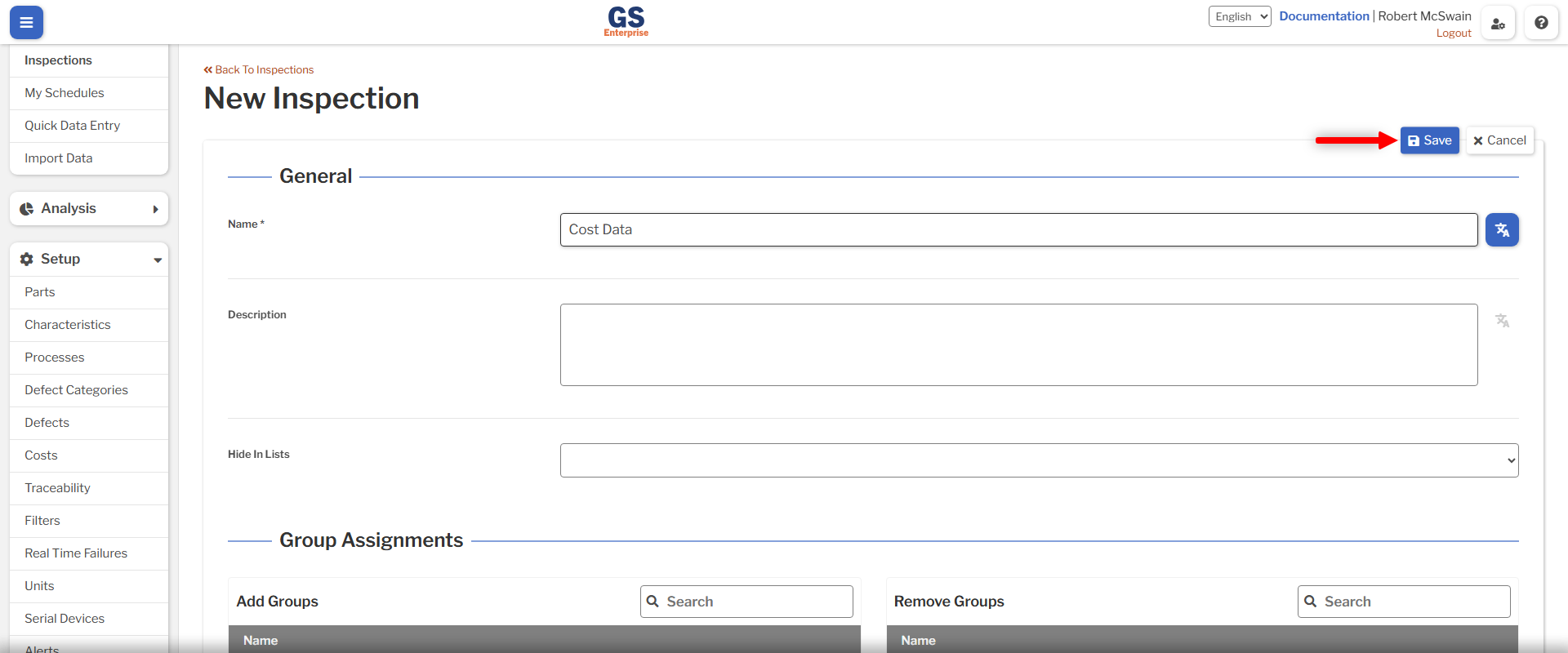 Inspection Create An image showing the Inspection create form