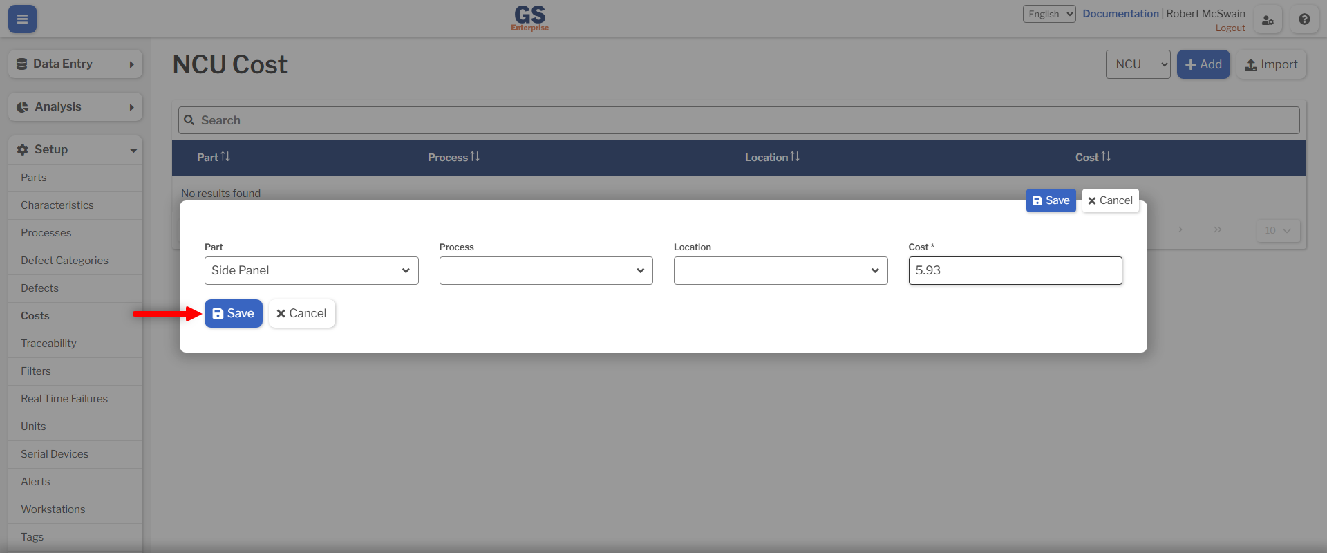 NCU Cost Save Button An image showing a filled out NCU cost row and the save button