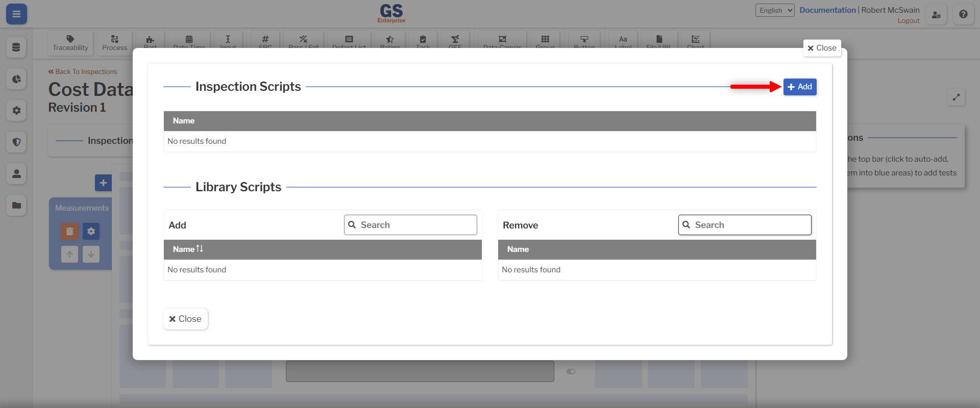 Inspection Script Overlay An image showing the location of the add button in the Inspection Script overlay