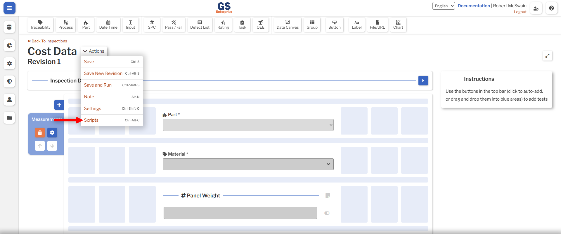 Inspection Script Action An image showing the location of the Inspection Script action