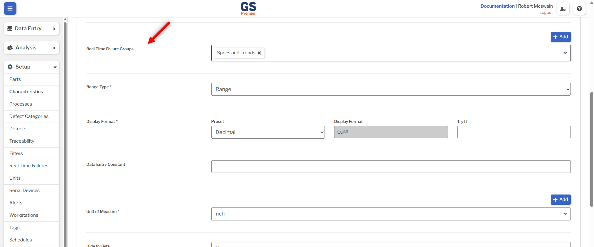 Characteristic page showing the RTF Group box Characteristic page showing the RTF Group box