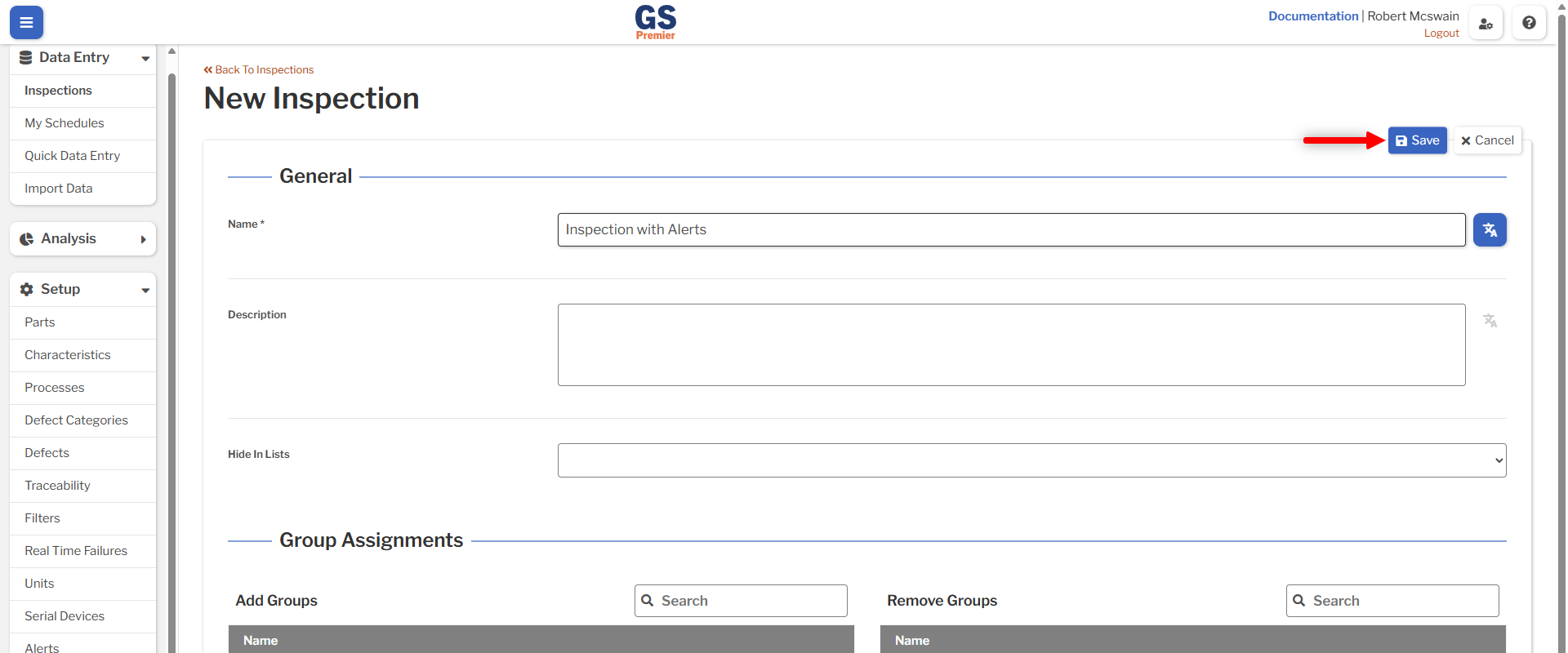 Inspection Create An image showing the Inspection create form