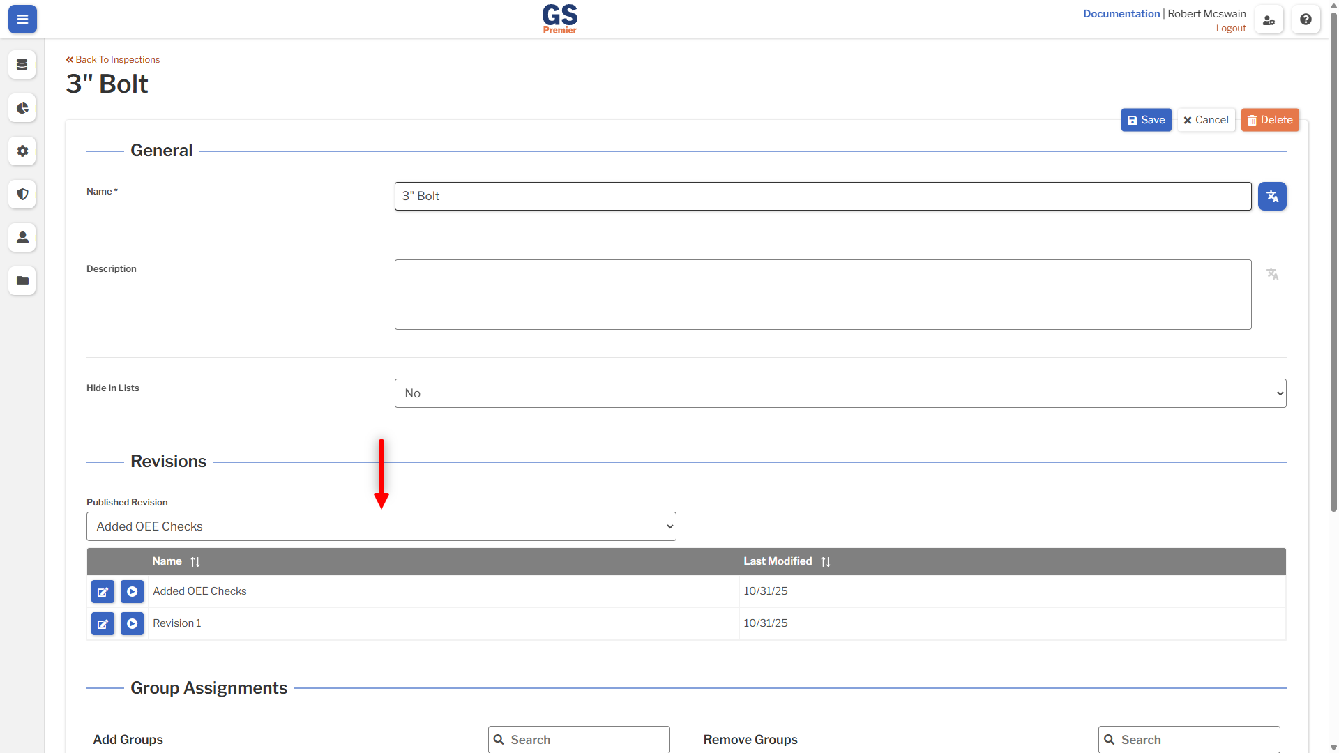 Inspection Published Revision An image showing the Published Revision of an Inspection