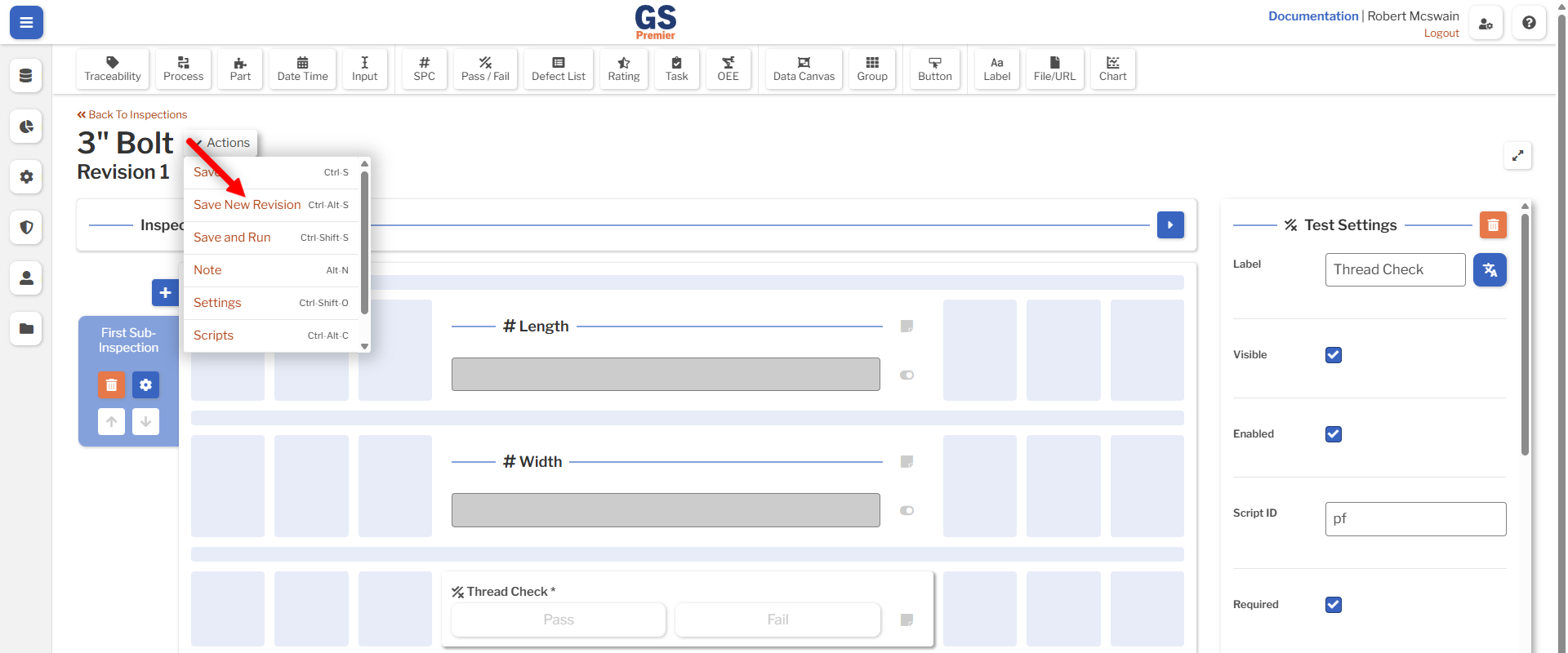Save New Revision An image showing the Inspection Designer with the save new revision action highlighted