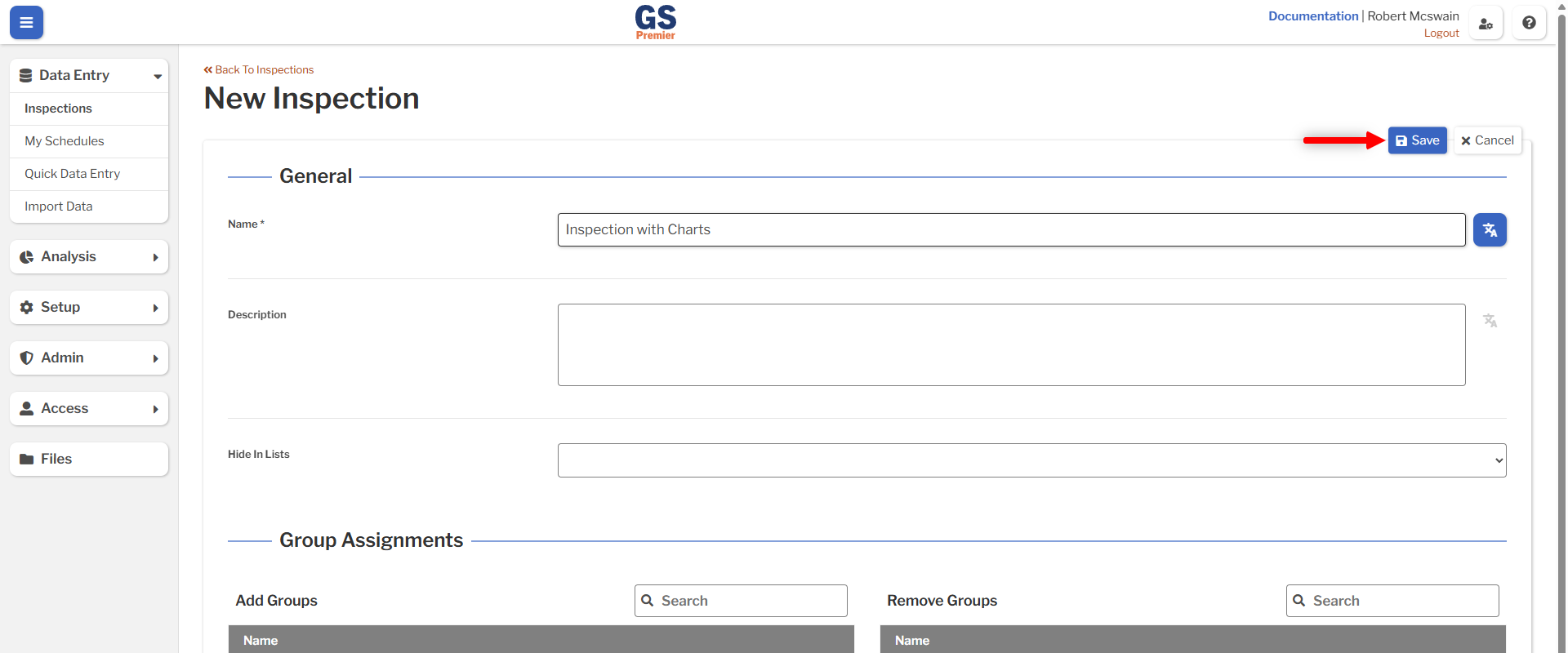 Inspection Create An image showing the Inspection create form