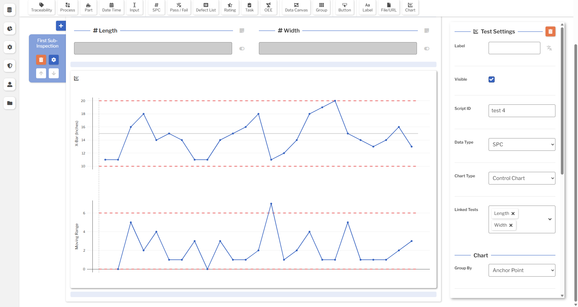 Inspection Setup An image showing an Inspection set up with a Traceability test, two SPC Tests, and a Chart Test
