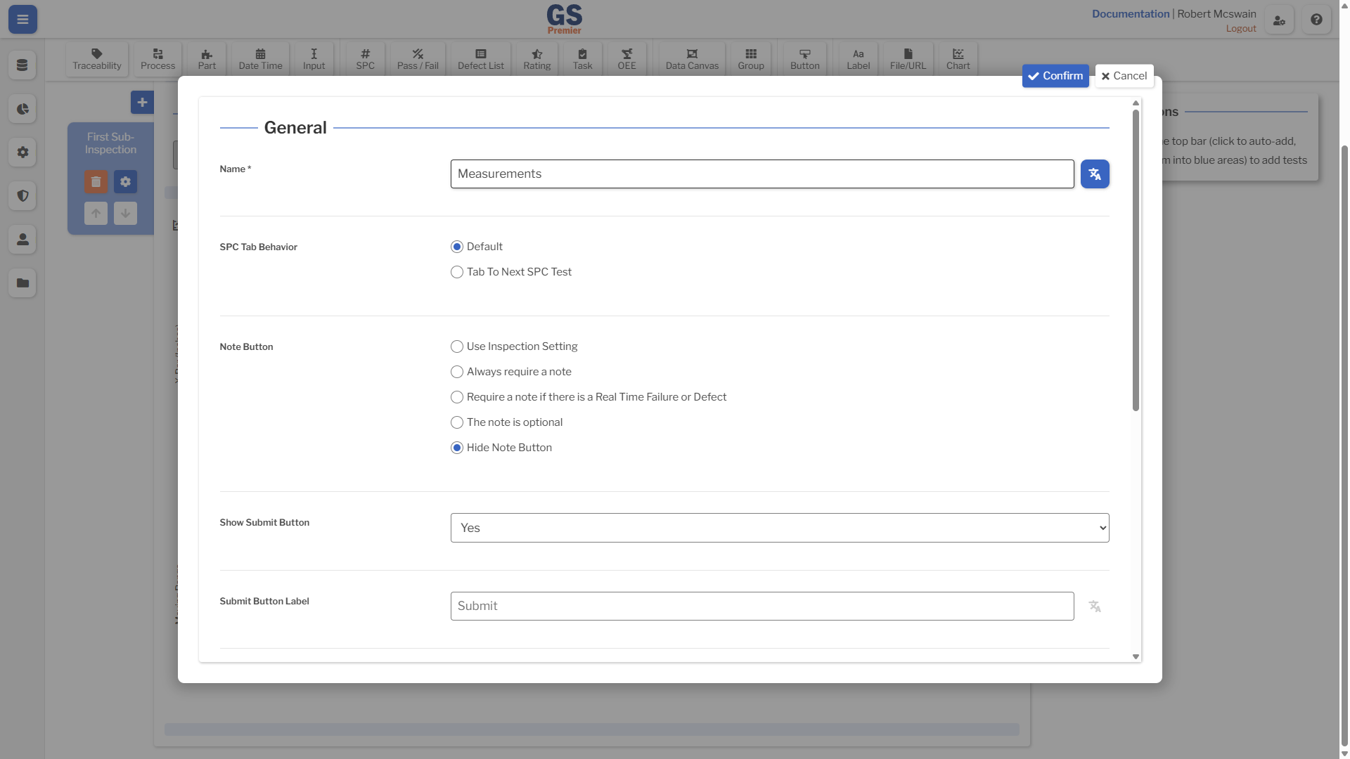 Sub-Inspection Settings Overlay An image showing the sub-inspection settings overlay