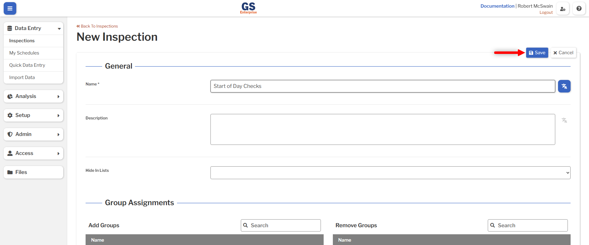 Inspection Create An image showing the Inspection create form