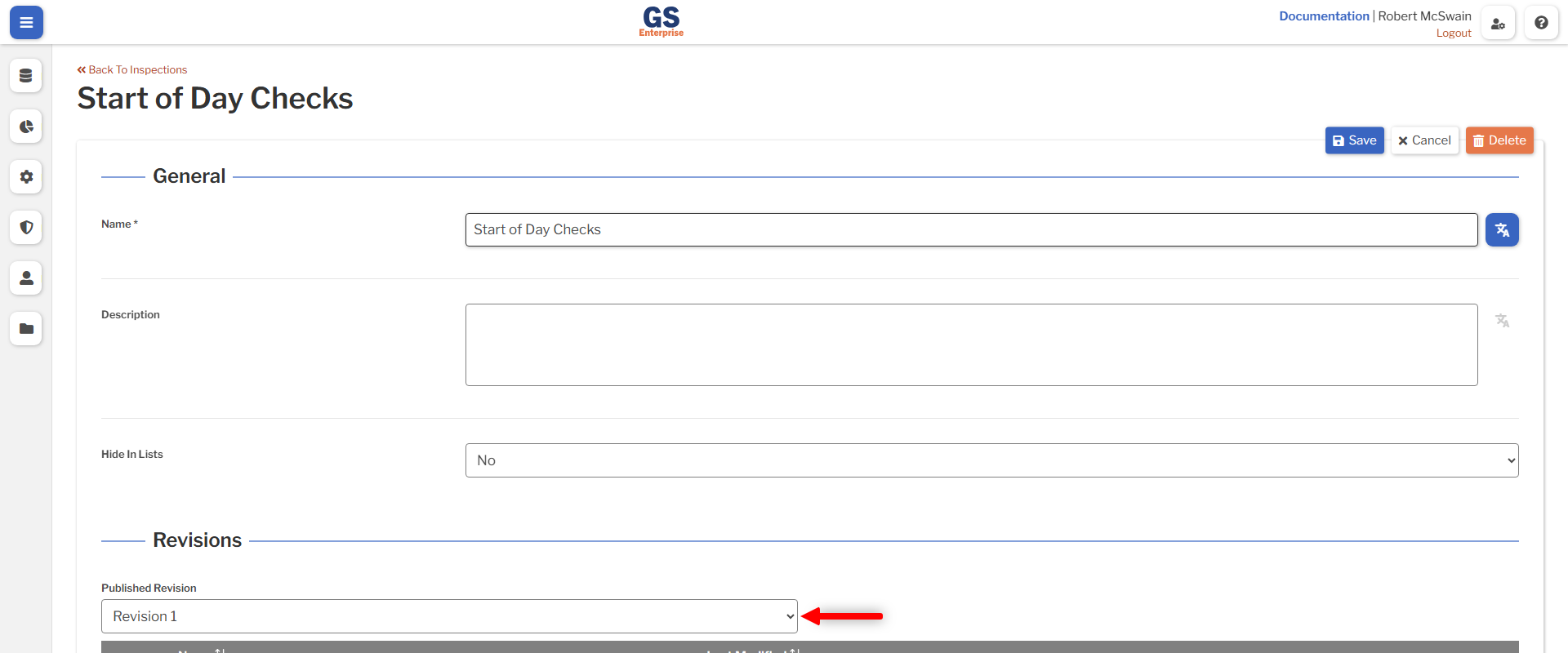 Inspection List More Actions An image showing the Inspection List with the More Actions menu open