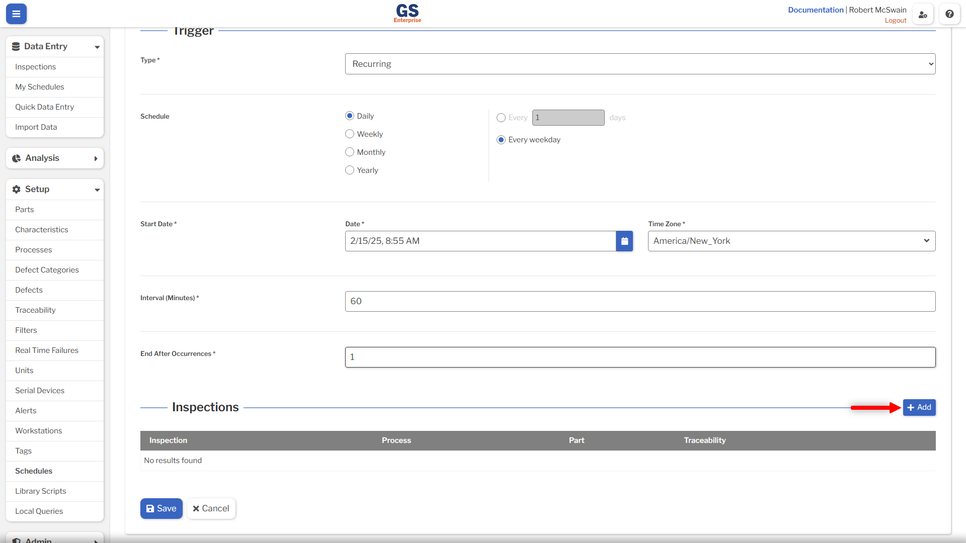 Inspections Add An image showing the inspections add button