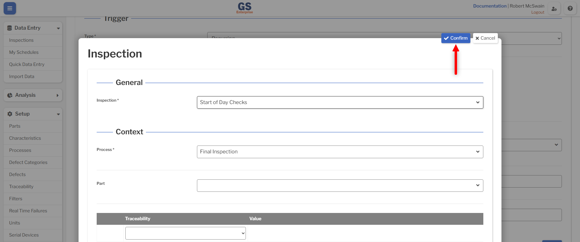 Inspections Confirm An image showing the inspections confirm button