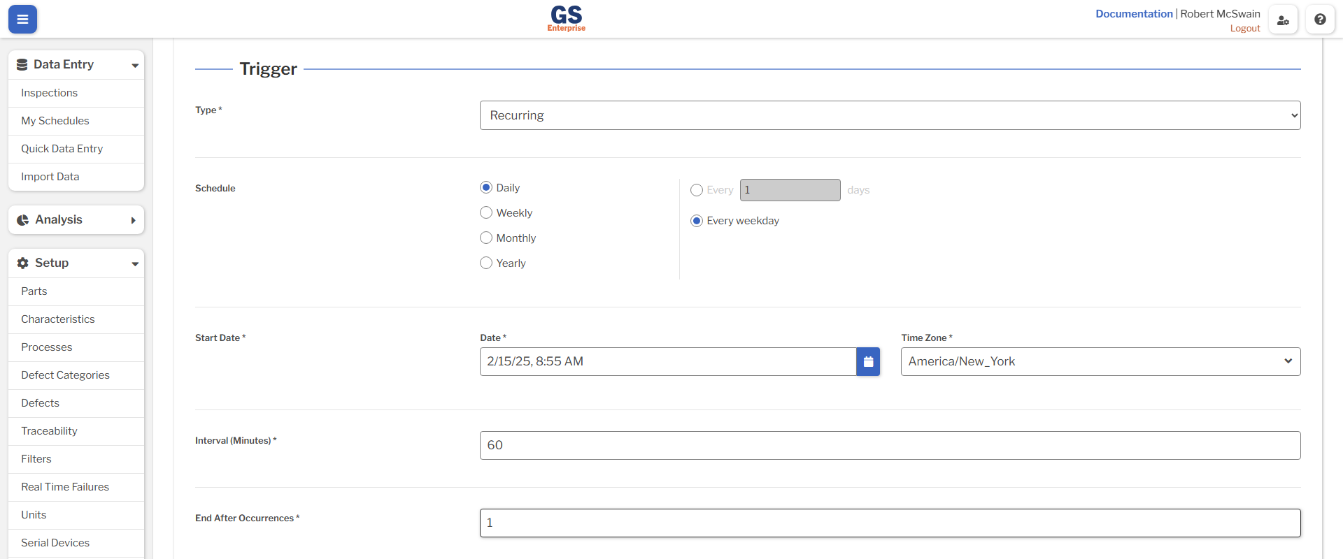 Recurrence Schedule An image showing the recurrence schedule form