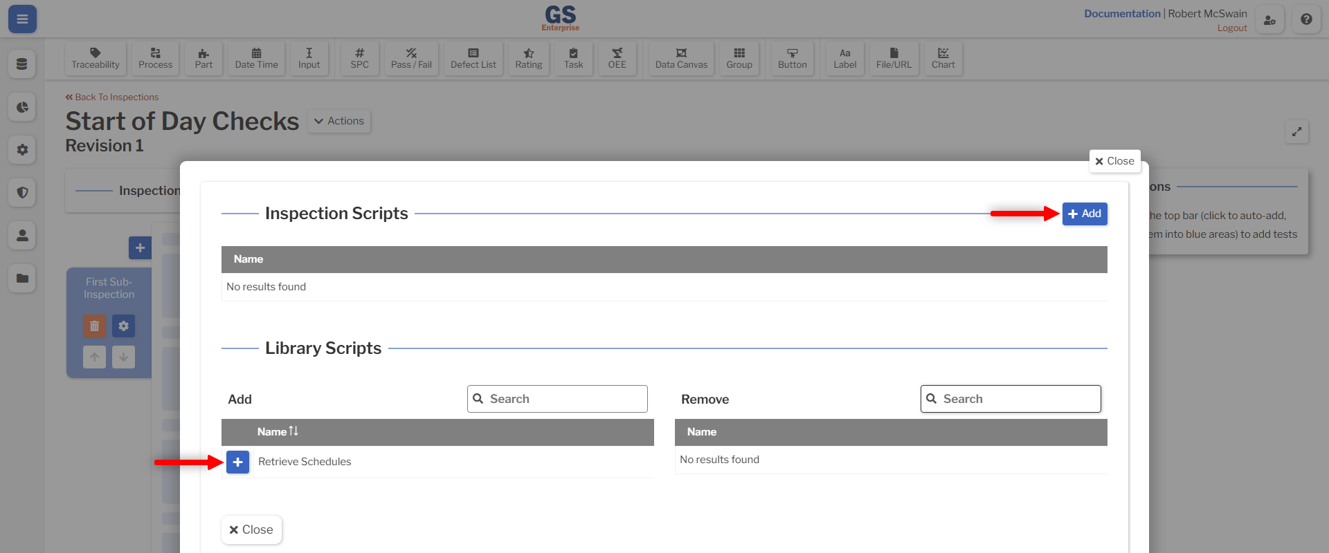 Script Add An image showing the location of the script add buttons