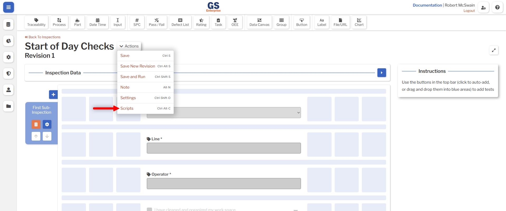 Script Action An image showing the location of the Script Action in the Inspection Editor