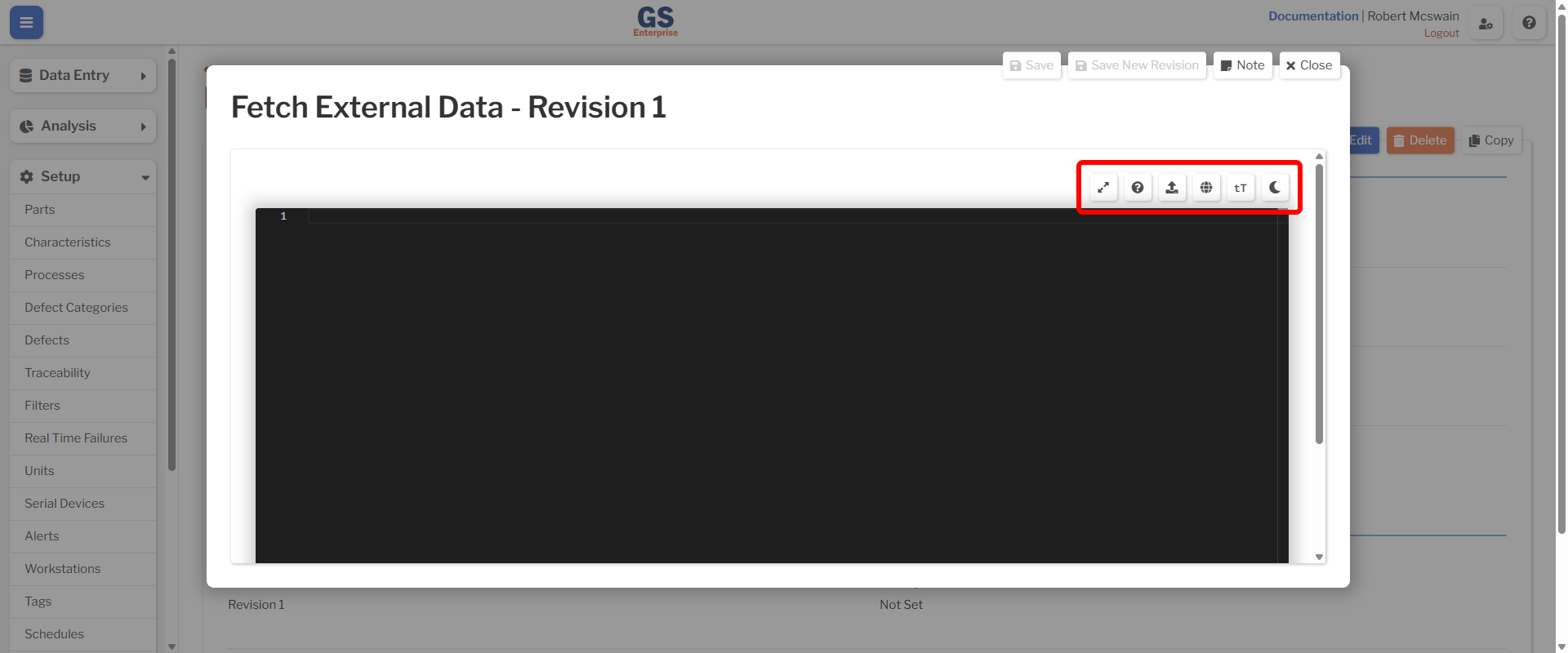 Editor Buttons The code editor overlay with the buttons highlighted