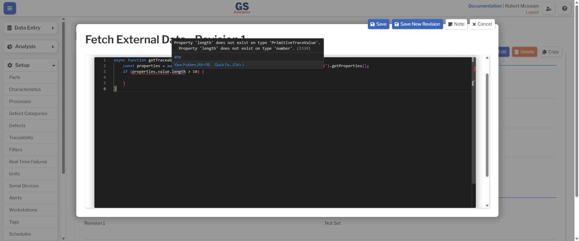 Type Narrow Error The code editor showing that attempting to access string properties on the value of a Traceability Test without any type narrowing results in an error.