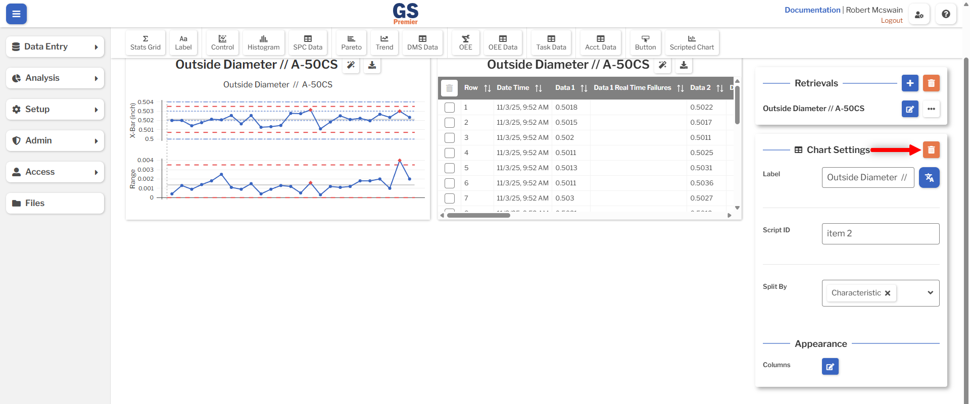 Dashboard Item Delete Image showing the location of the delete button for a dashboard item