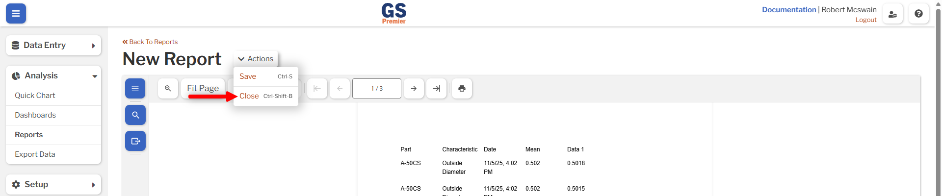Report Close Preview Button Report Close Preview Button