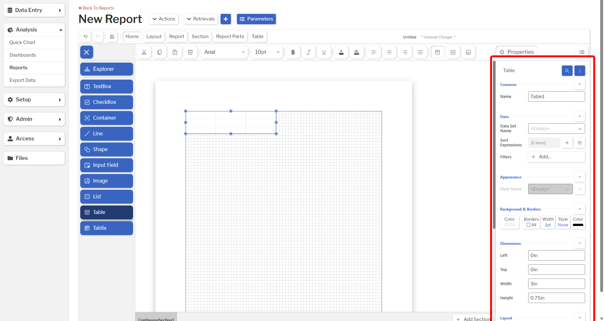 Property Window Image showing the location of the property window in a Report