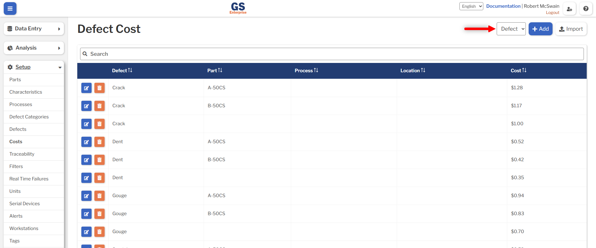 Cost Dropdown A page showing the location of the cost type dropdown