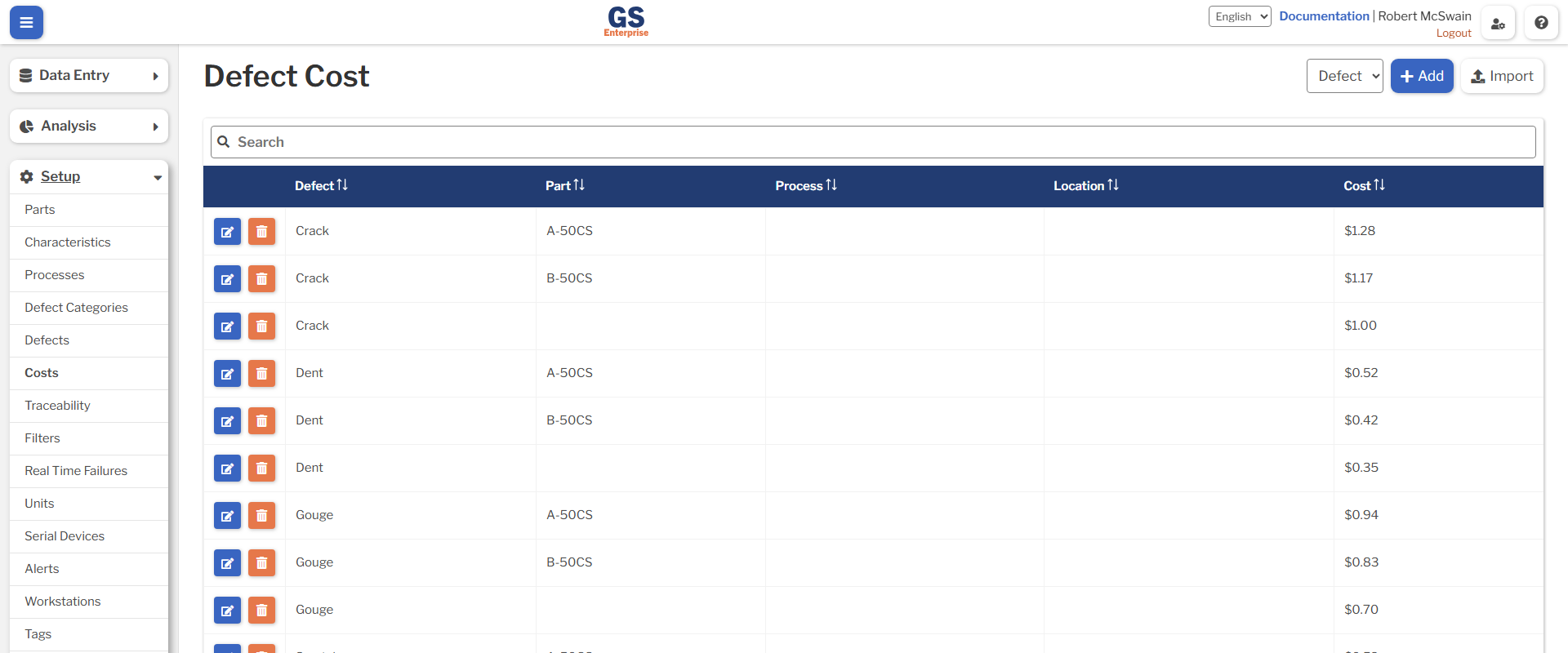 Defect Cost View A page showing the costs associated with various Defects