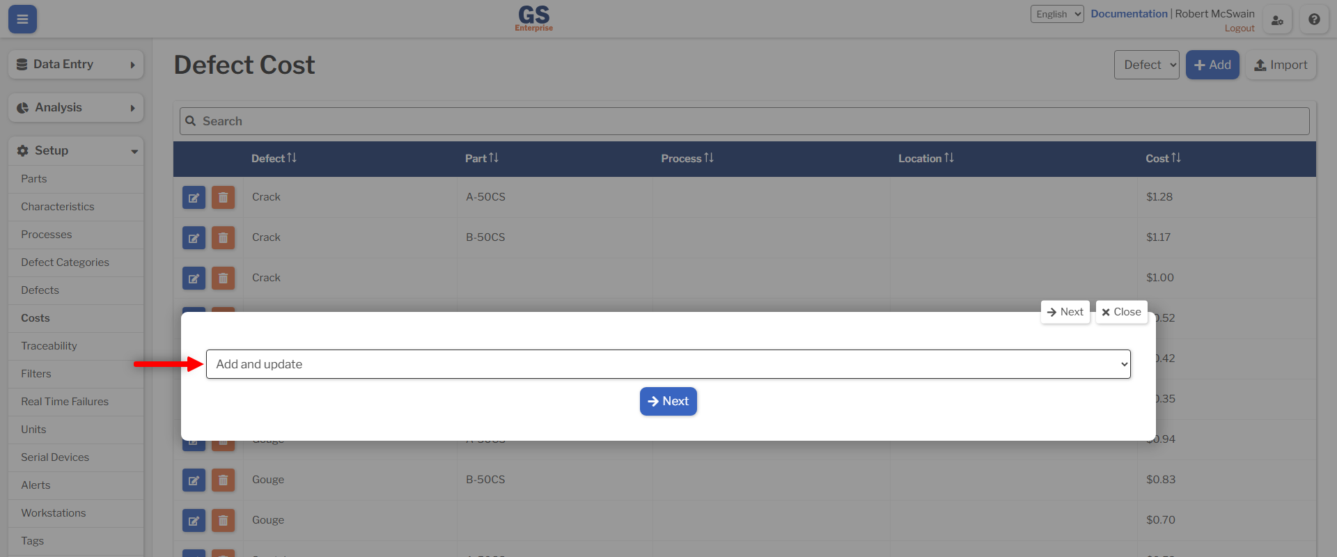 Import Dropdown A page showing the location of the import type dropdown