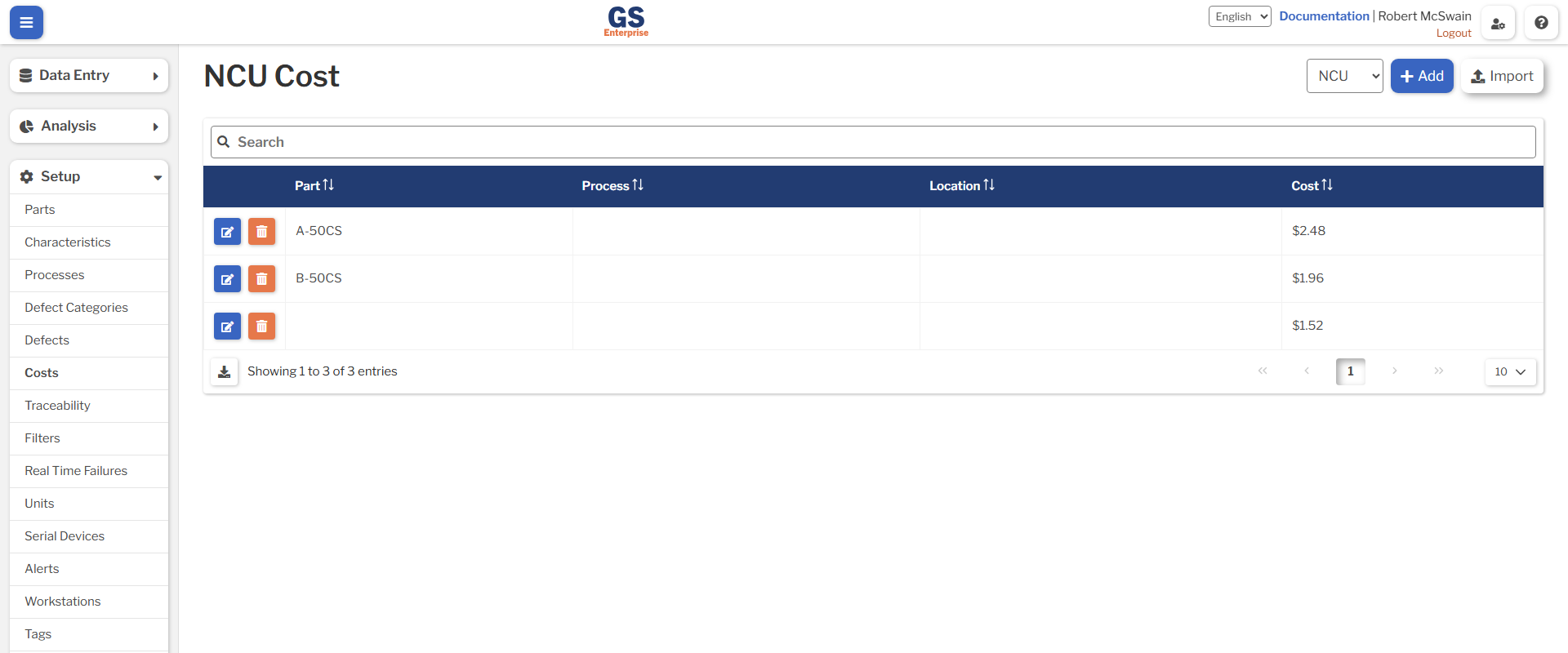 NCU Cost View A page showing the costs associated with various NCUs